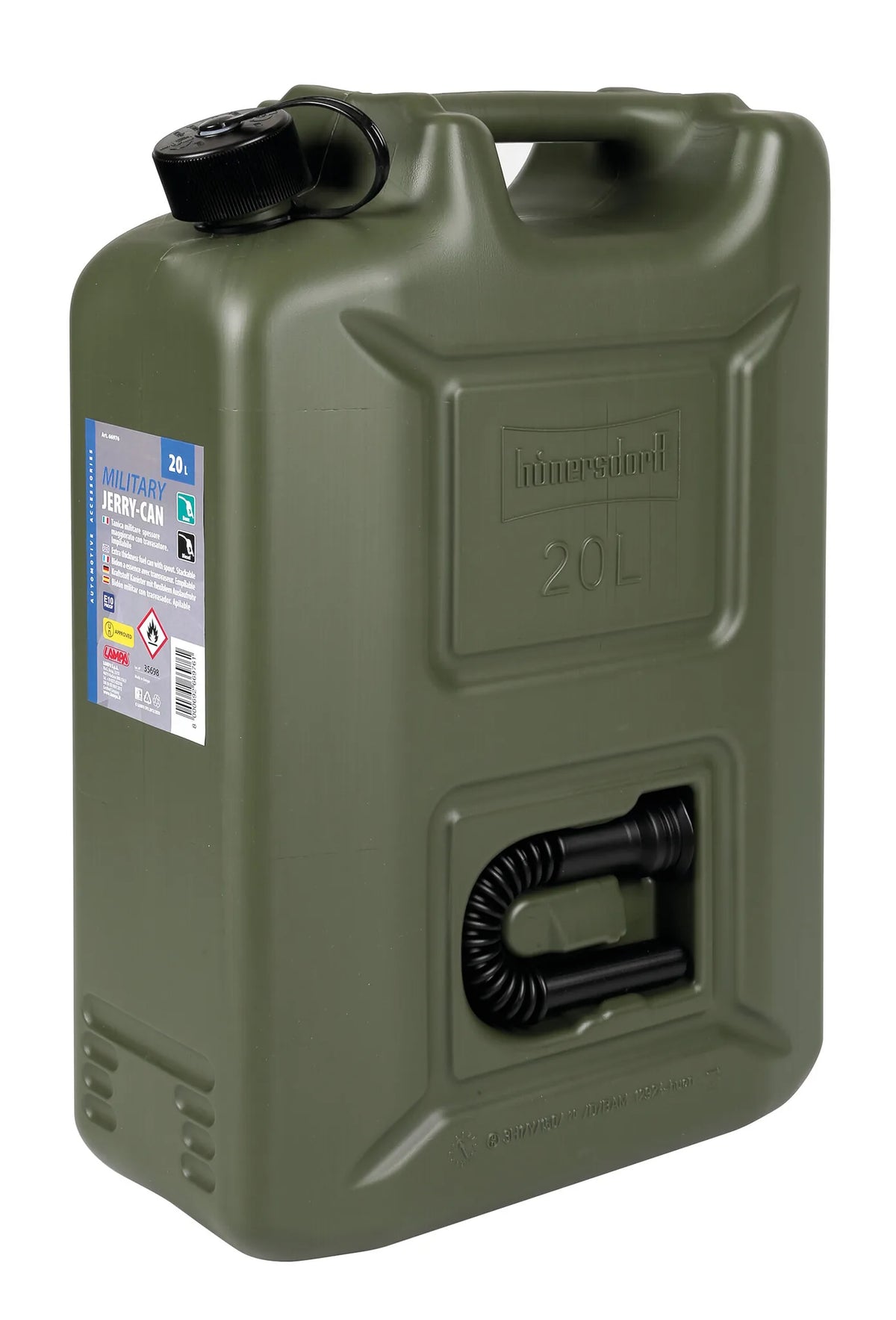 Tanica carburante in polietilene, modello militare su fondo bianco, vista 4