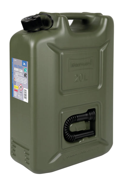 Tanica carburante in polietilene, modello militare su fondo bianco, vista 4