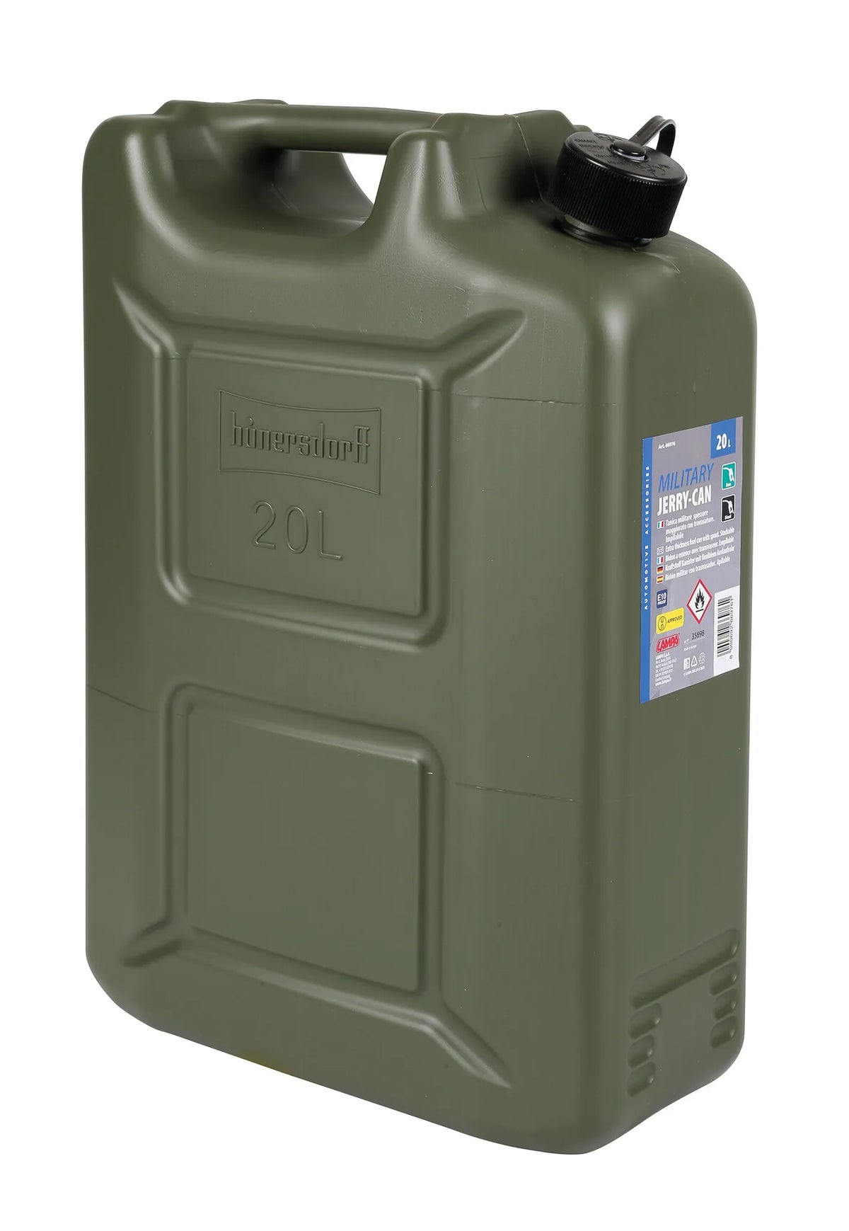 Tanica carburante in polietilene, modello militare su fondo bianco, vista 5