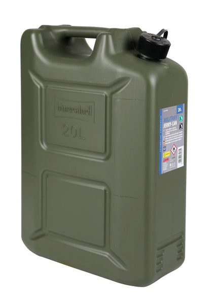 Tanica carburante in polietilene, modello militare su fondo bianco, vista 5
