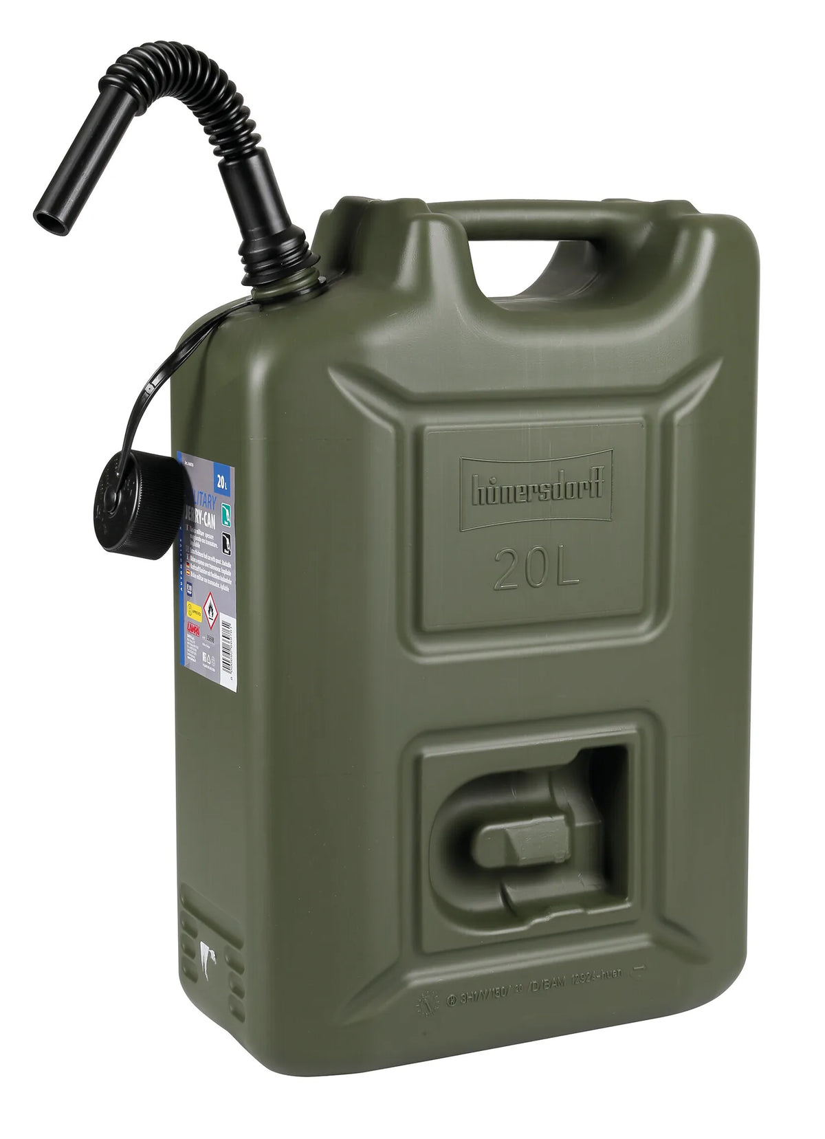 Tanica carburante in polietilene, modello militare su fondo bianco, vista 6