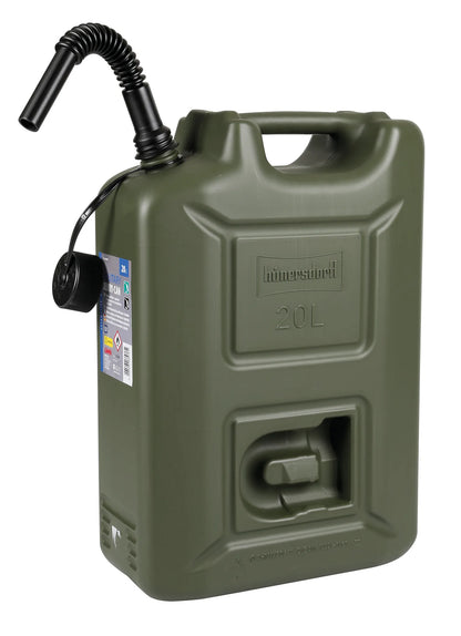 Tanica carburante in polietilene, modello militare su fondo bianco, vista 6