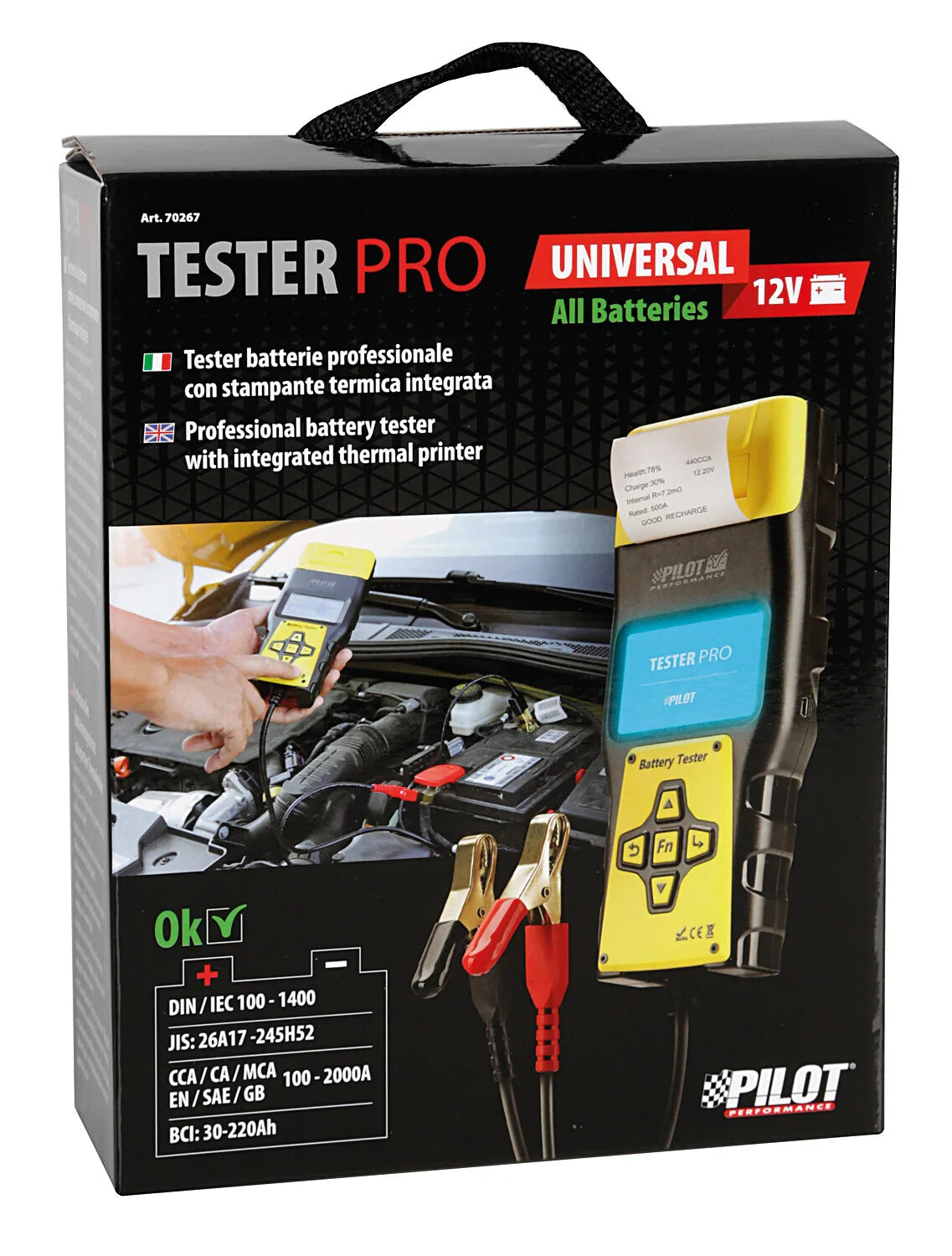 La confezione di Tester-Pro, tester batterie professionale con stampante