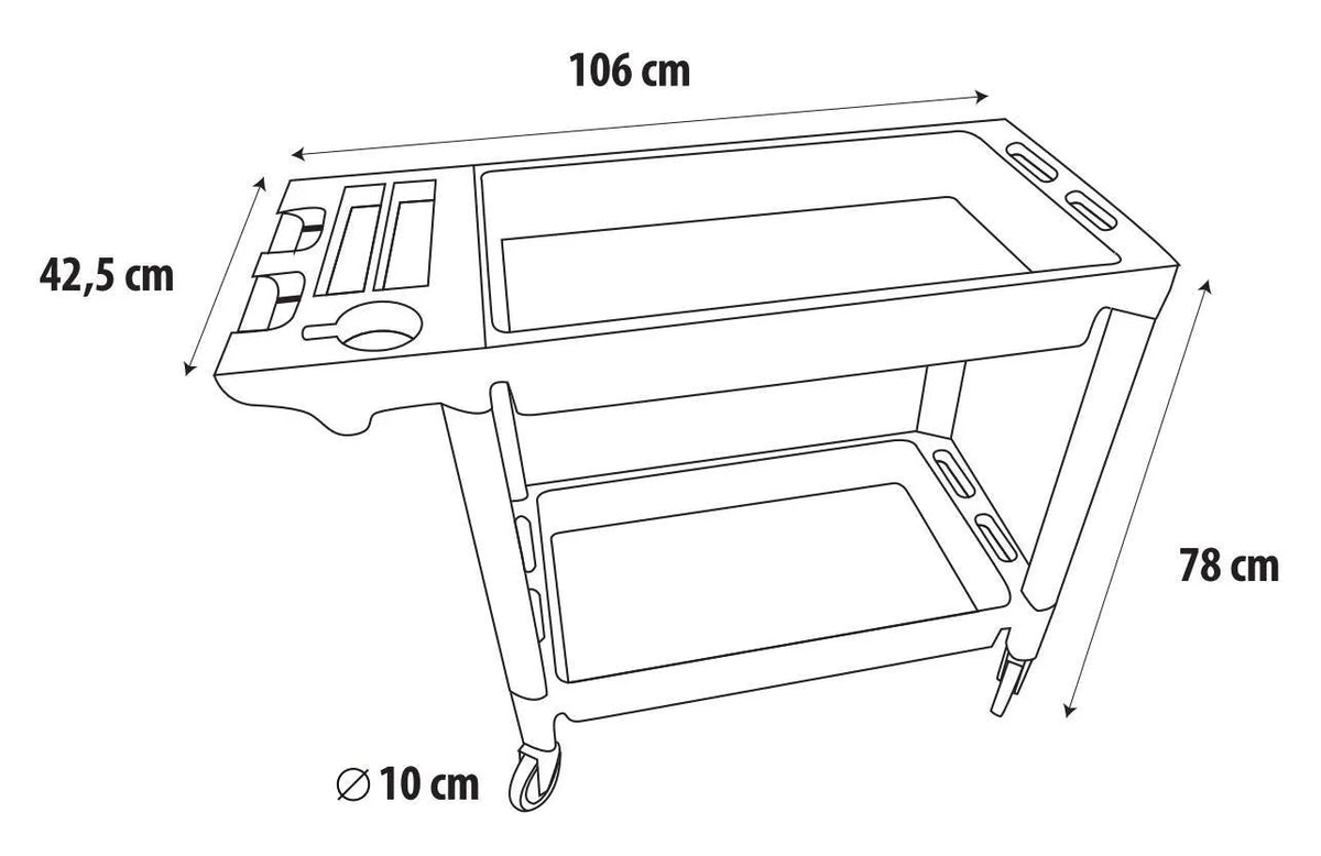 Disegno tecnico quotato di Tools Trolley, carrello portautensili tipo officina, con le misure