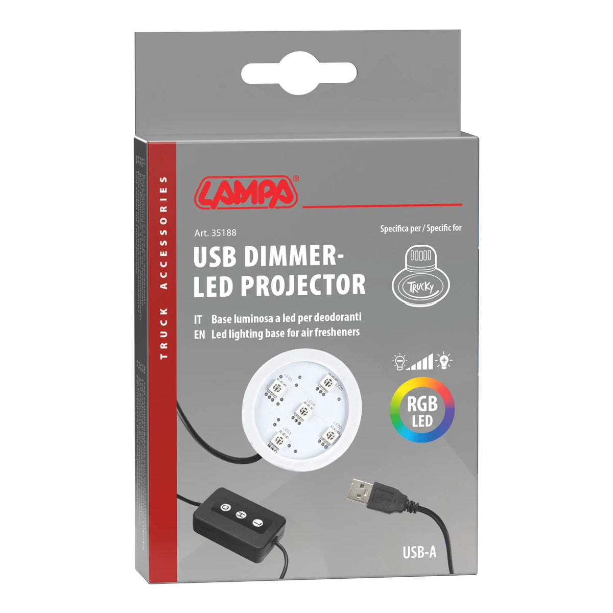 La confezione di Trucky Led, base luminosa a led, USB - 7 colori con dimmer