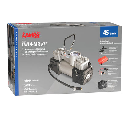 La confezione di Twin-Air Kit, compressore bicilindrico, 12V