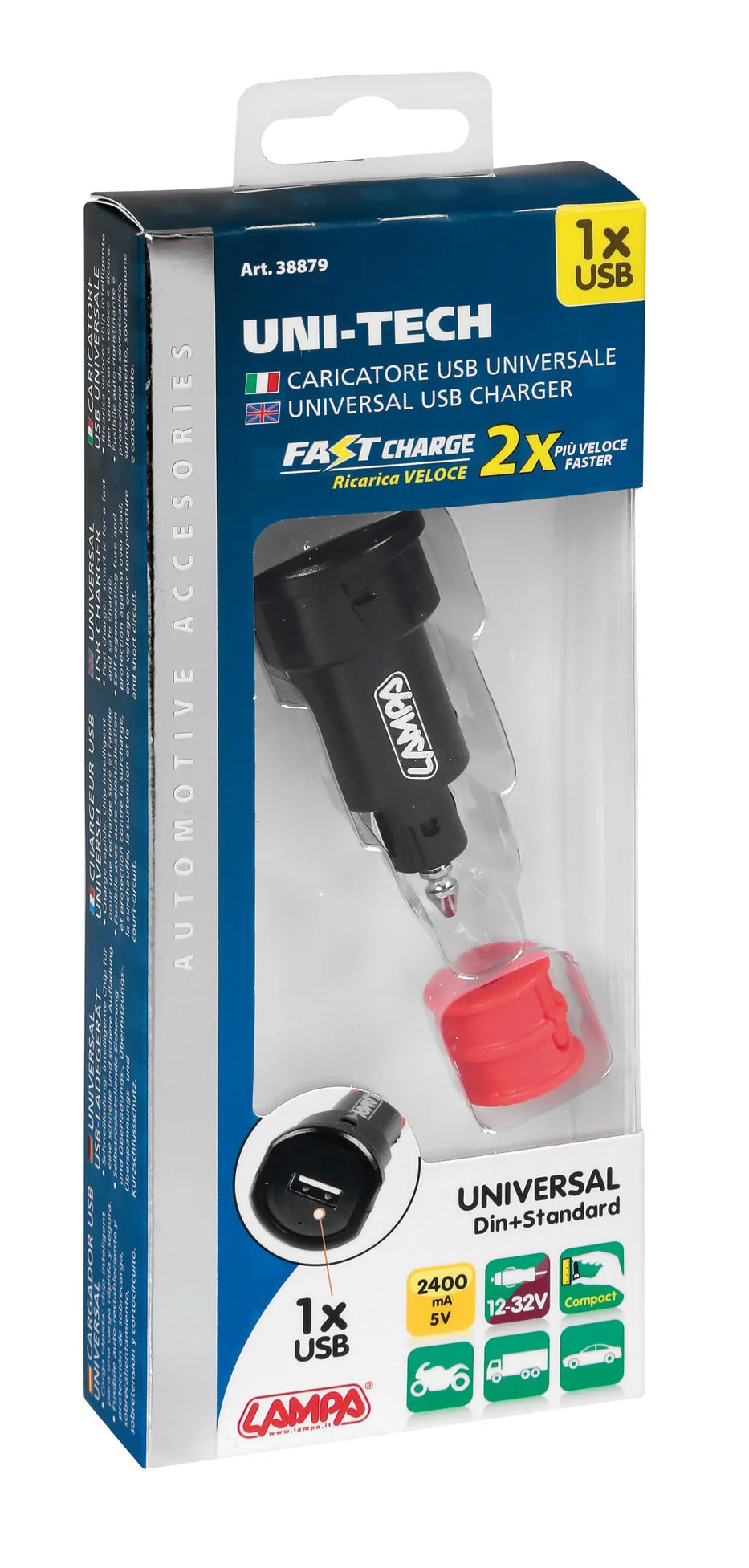 La confezione di Uni-Tech, caricabatteria universale 1 porta Usb - Fast
