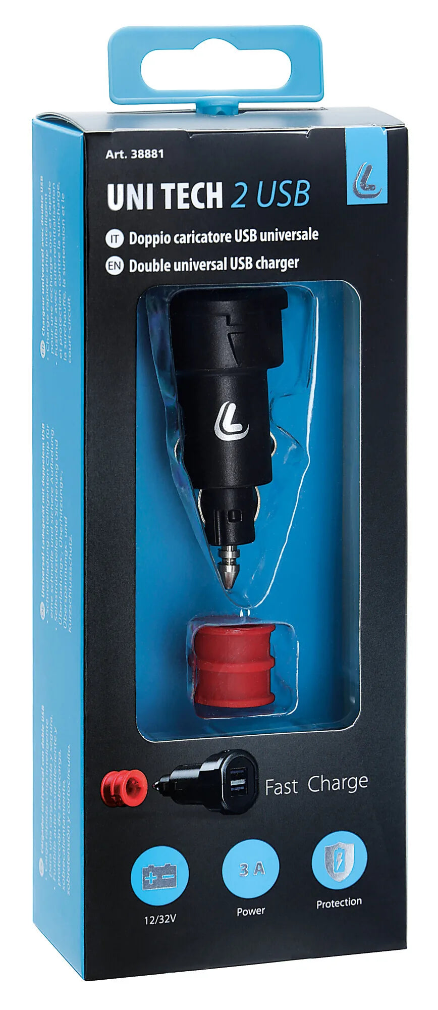 La confezione di Uni-Tech, caricabatteria universale 2 porte Usb - Fast