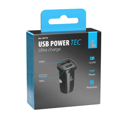 La confezione di Usb Power Tec, caricabatteria 2 porte Usb - PD / QC 3.0 -