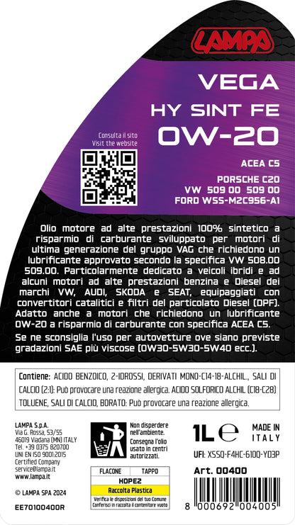La confezione di Vega HY Sint FE 0W-20, olio motore auto - 1 L