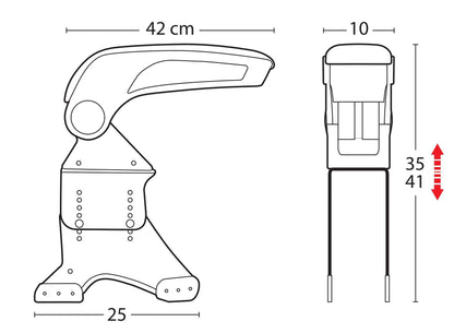 Disegno tecnico quotato di Ventura, bracciolo portaoggetti, con le misure