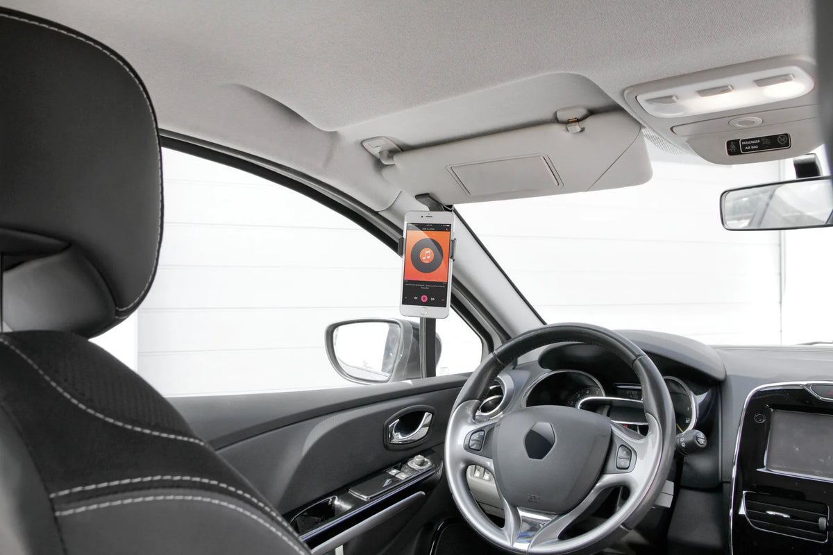 Visor Snap, porta telefono per visiera parasole montato sul veicolo