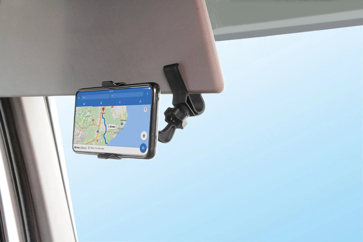 Visor Snap, porta telefono per visiera parasole montato sul veicolo