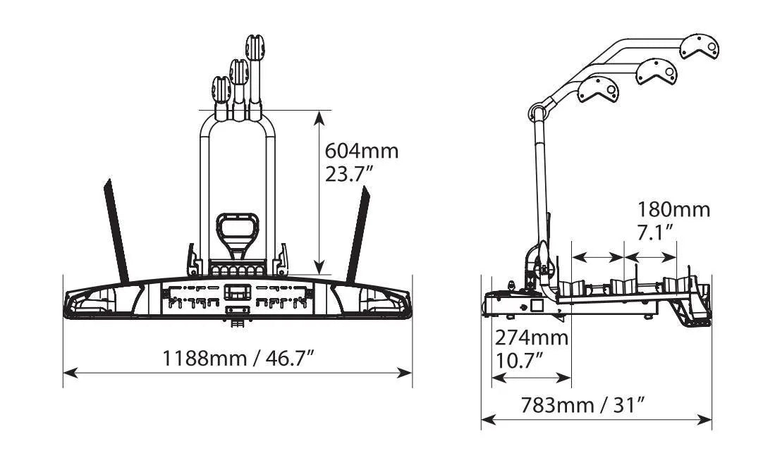 Disegno tecnico quotato di Wave 3, portabiciclette per gancio traino - 3 bici, con le misure, vista 4