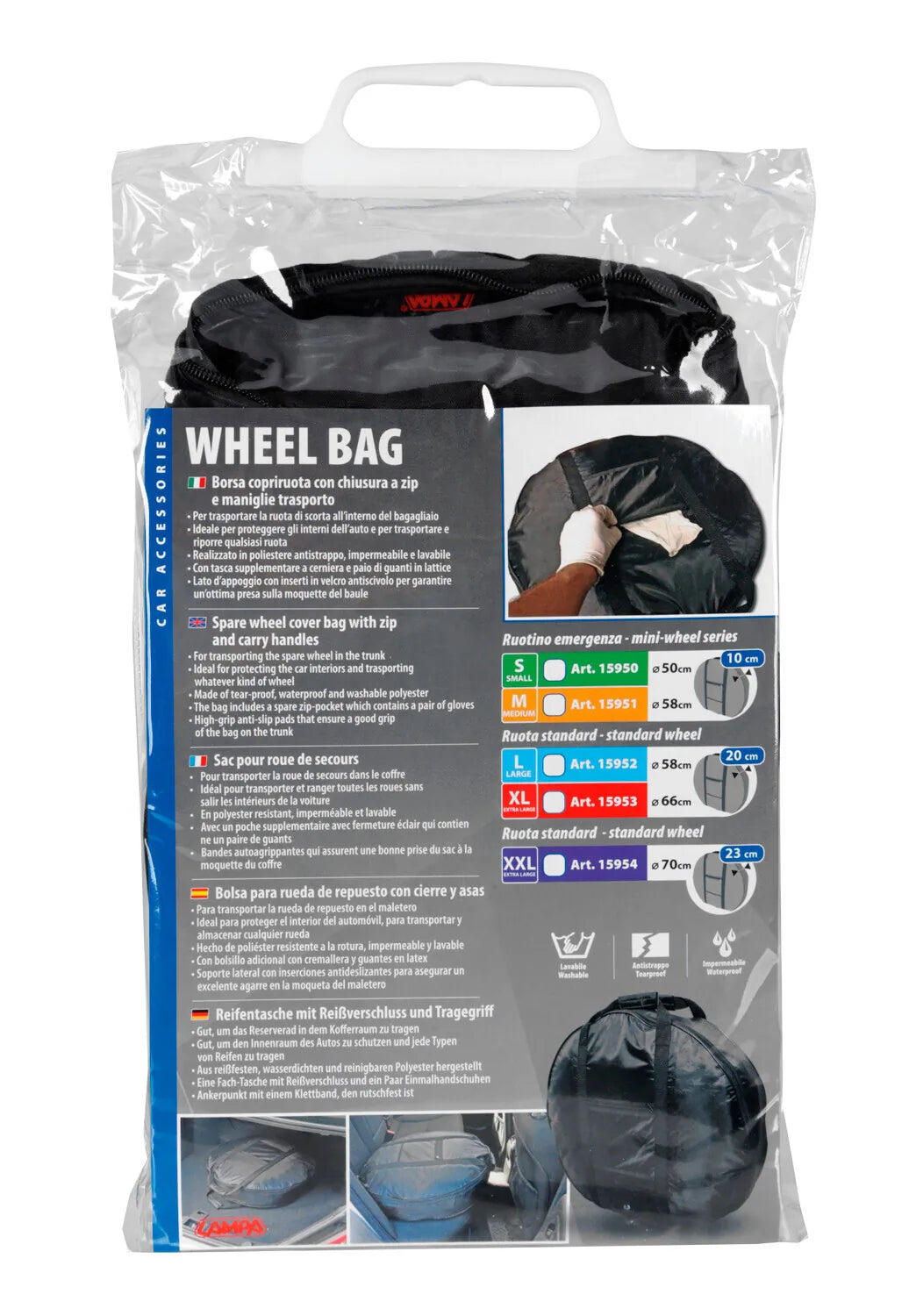 La confezione di Wheel Bag, borsa copriruota di scorta