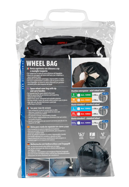 La confezione di Wheel Bag, borsa copriruota di scorta