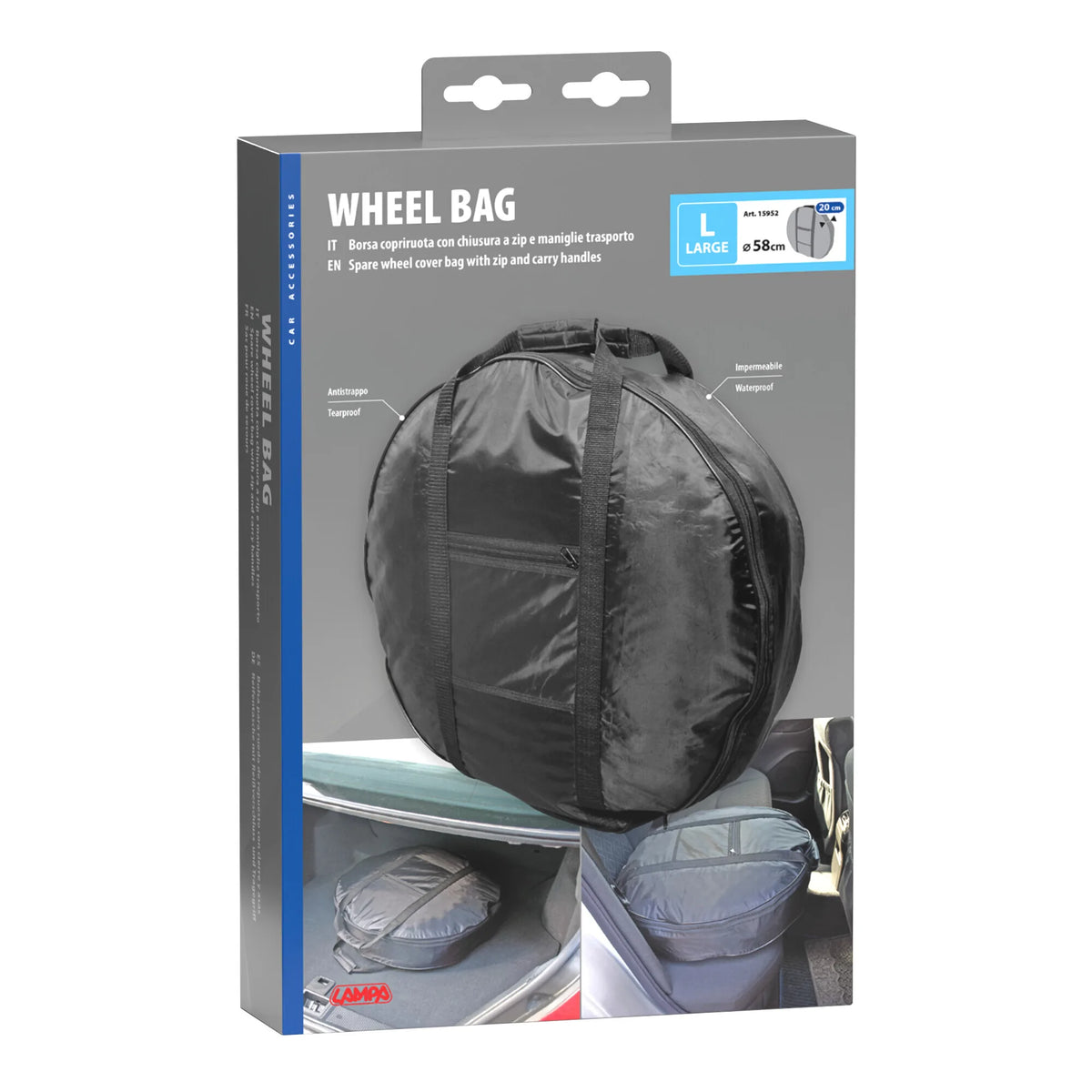 La confezione di Wheel Bag, borsa copriruota di scorta