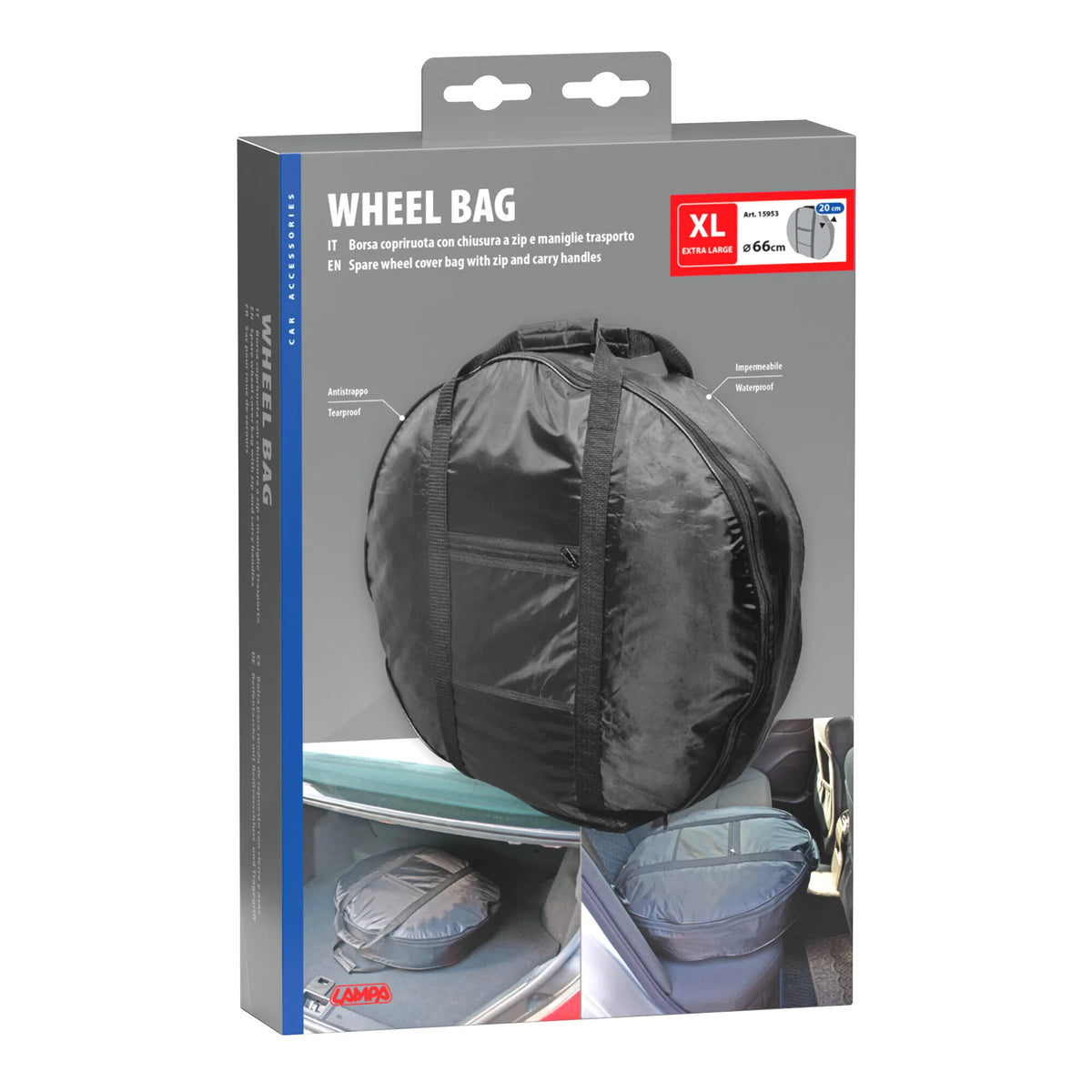 La confezione di Wheel Bag, borsa copriruota di scorta