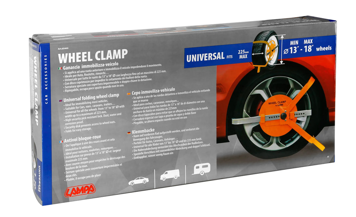 La confezione di Wheel Clamp, ganascia immobilizza-veicolo