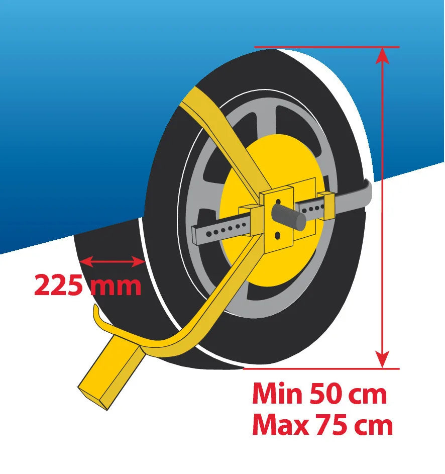Disegno tecnico quotato di Wheel Clamp, ganascia immobilizza-veicolo, con le misure