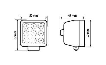 Disegno tecnico quotato di WL-18, faro ausiliario a 9 Led - 12/24V, con le misure
