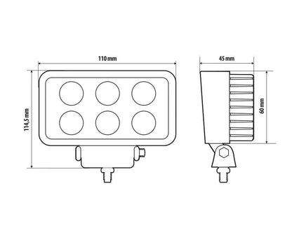 Disegno tecnico quotato di WL-2, faro ausiliario a 6 Led - 12/24V, con le misure
