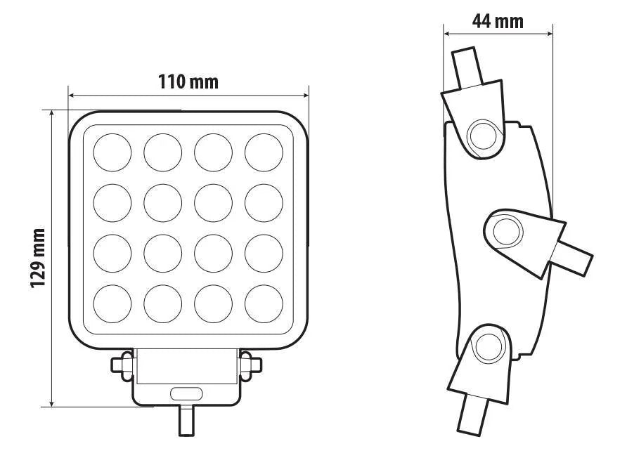 Disegno tecnico quotato di WL-26, faro ausiliario a 16 Led - 12/24V, con le misure
