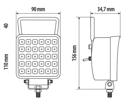 Disegno tecnico quotato di WL-28, faro ausiliario a 16 Led - 12/24V, con le misure