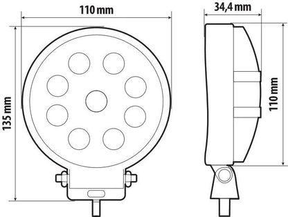Disegno tecnico quotato di WL-29, faro ausiliario a 9 Led - 12/24V, con le misure