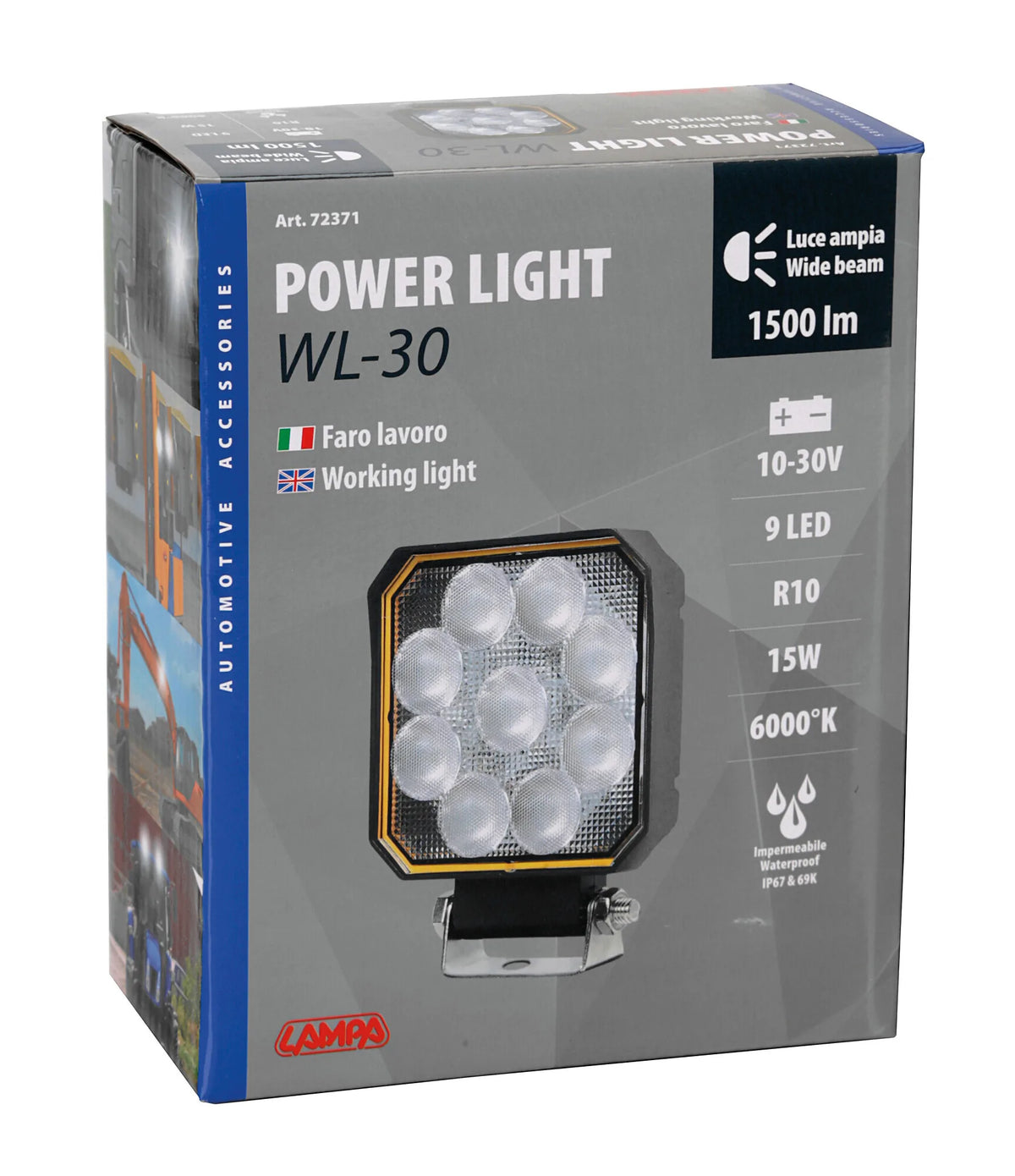 La confezione di WL-30, faro ausiliario a 9 Led - 12/24V