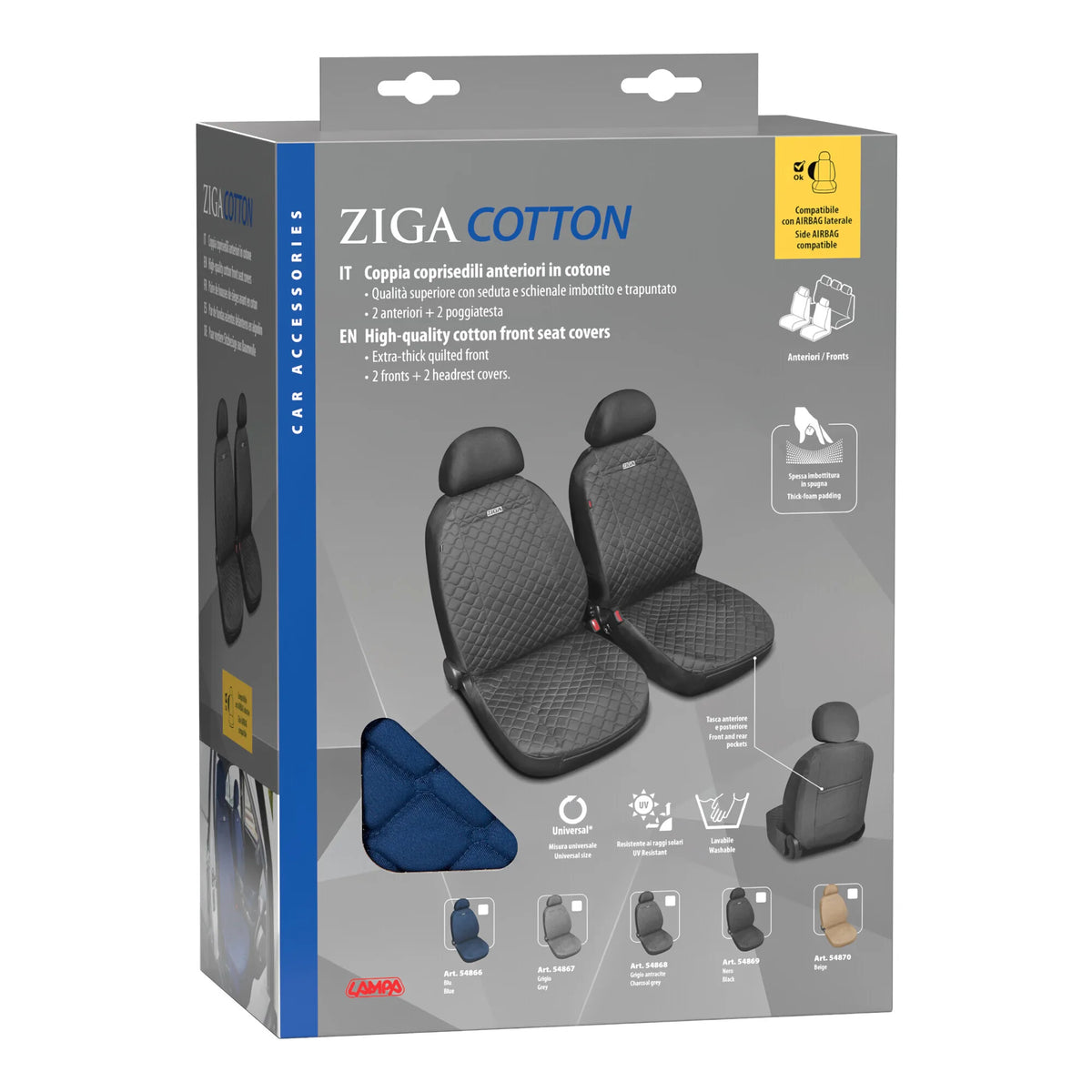 La confezione di Ziga, coppia coprisedili anteriori in cotone, universali