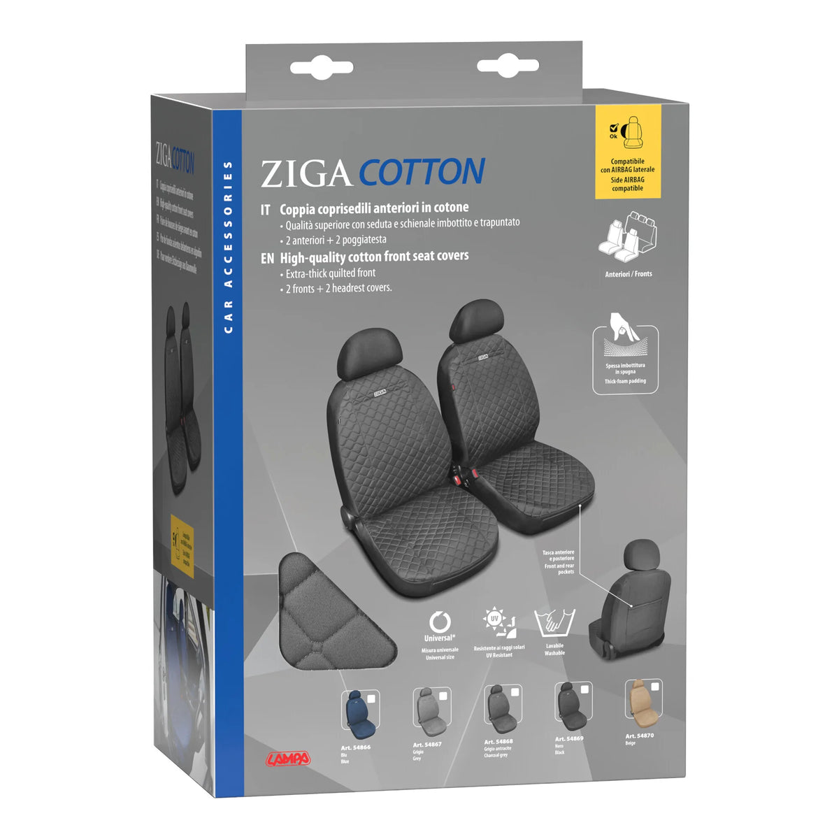 La confezione di Ziga, coppia coprisedili anteriori in cotone, universali