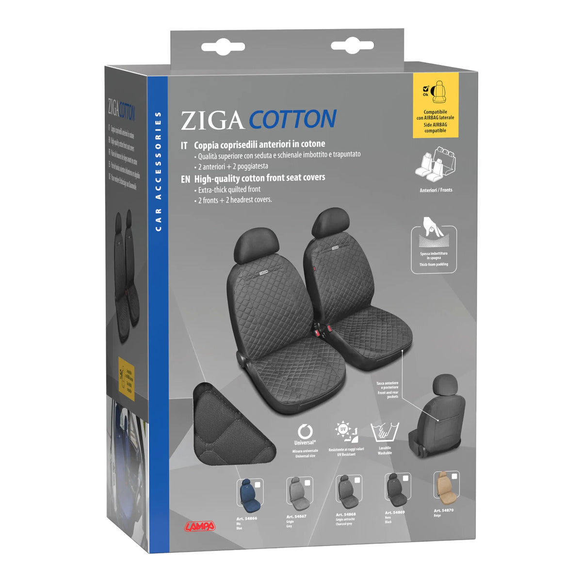 La confezione di Ziga, coppia coprisedili anteriori in cotone, universali