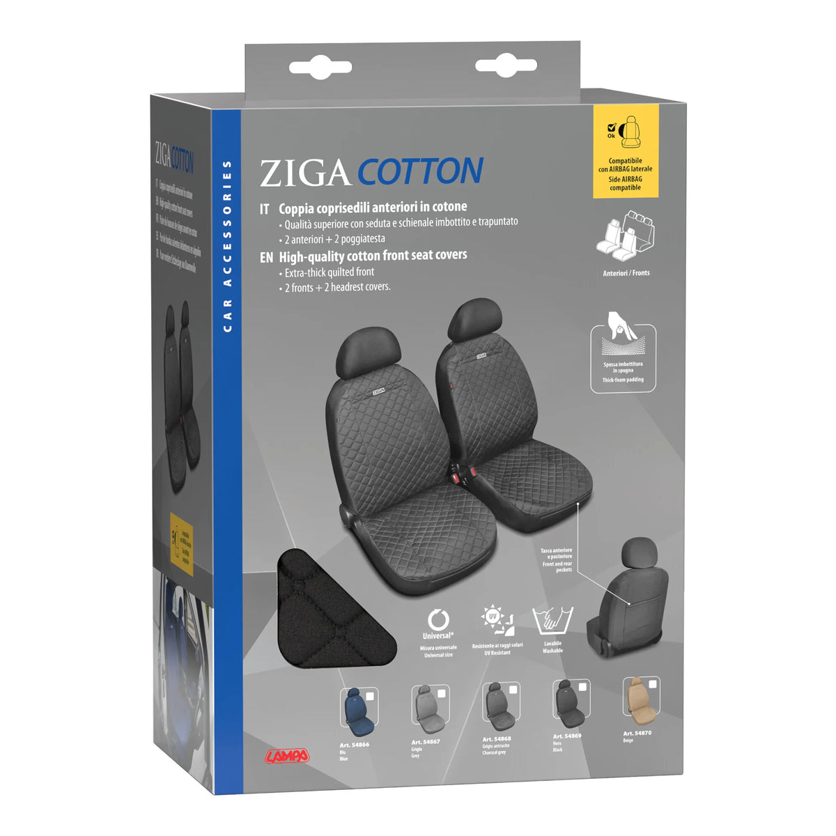 La confezione di Ziga, coppia coprisedili anteriori in cotone, universali