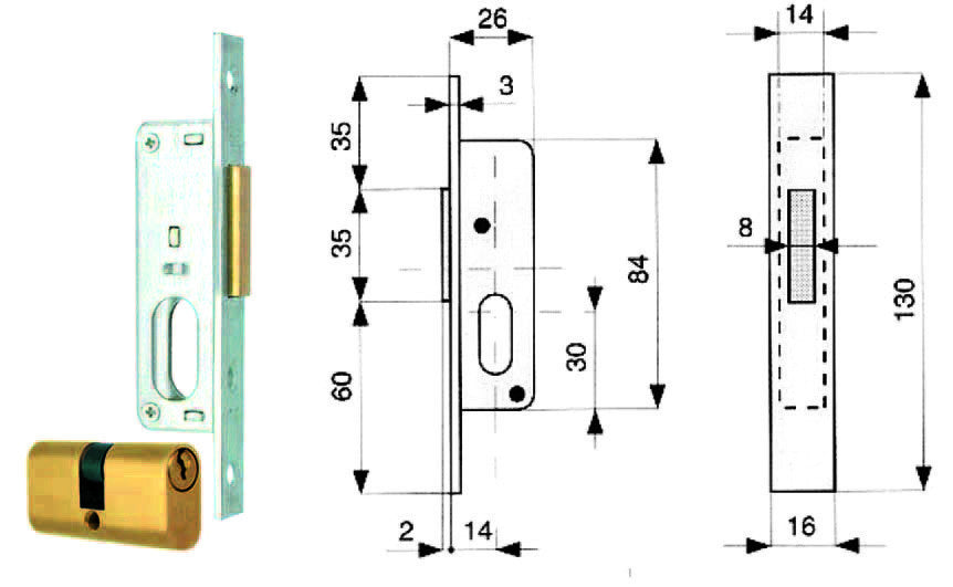 Serratura da infilare per montanti solo catenaccio con cilindro 906 - mm.14 (906.14.1) MG