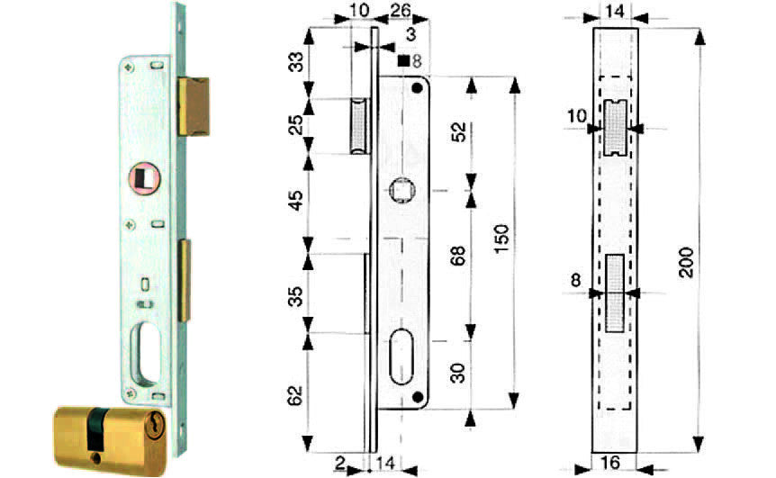 Serratura infilare per montanti catenaccio e scrocco con cilindro 911 - mm.14 (911.14.1) MG
