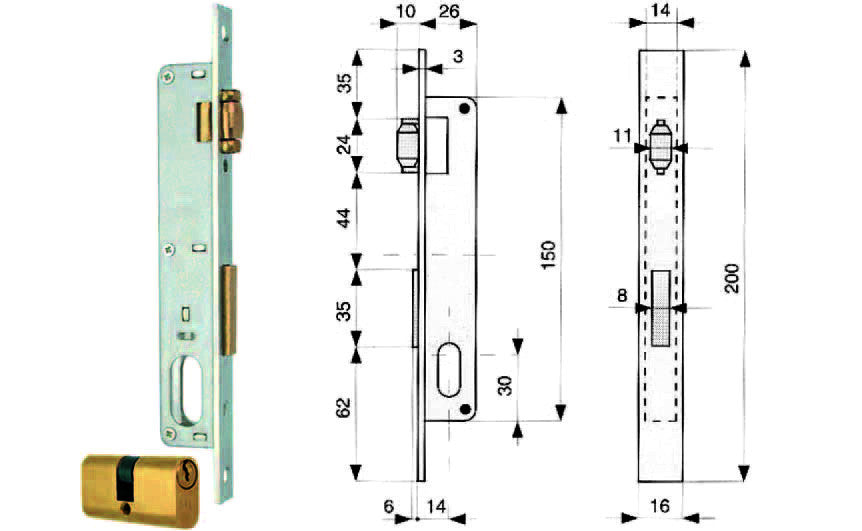 Serratura da infilare per montanti catenaccio e rullo con cilindro 913 - mm.14 (913.14.1) MG