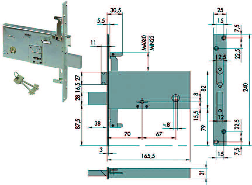 Serratura triplice da infilare per fasce doppia mappa mm.82 h 57318 - mm.70 (57318730) CISA