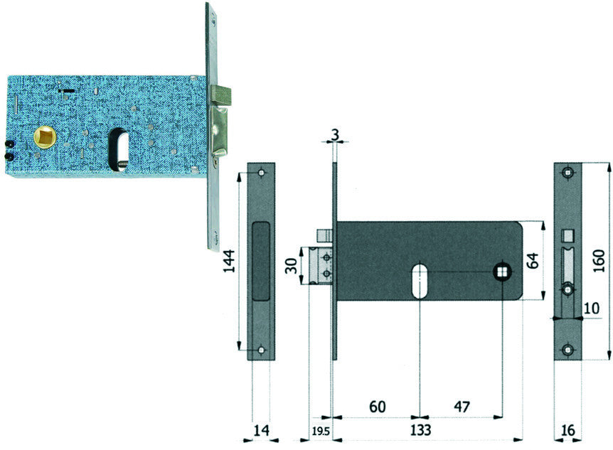 Elettroserratura infilare per fasce catenaccio e scrocco mm.64 h 388 - mm.60 interasse mm.47 (388) OMEC