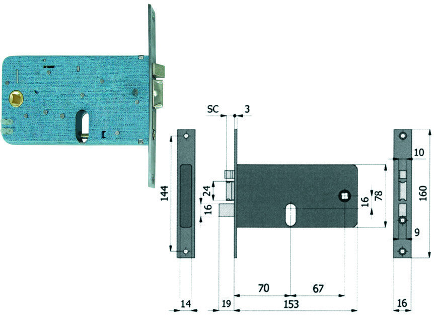 Elettroserratura infilare per fasce catenaccio e scrocco mm.78 h 778 - mm.70 interasse mm.67 (778) OMEC