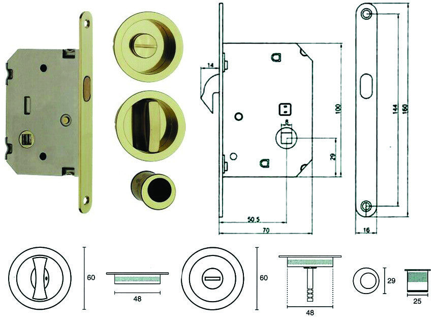 Kit serratura per porte scorrevoli b. tondo oro lucido - mm.50 frontale con incontro oro luc. (e0262n51) TELESE