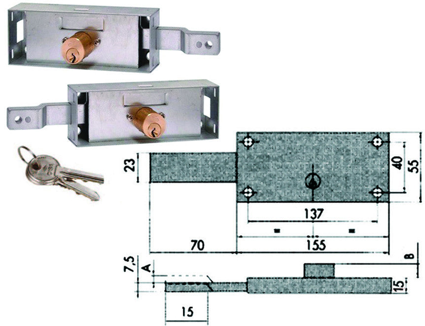 Coppia serrature serranda laterale cilindro fisso tondo 41526 - mm.155x15x55h. (41526780) CISA