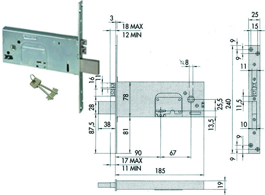 Elettroserratura da infilare per fasce doppia mappa mm.78 h 17353 - mm.90 (17353900) CISA