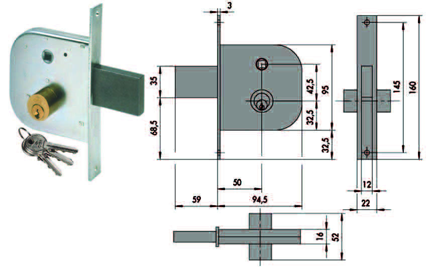 Serratura infilare per cancelli con quadro catenaccio e scrocco 42310 - mm.50 (42310500) CISA