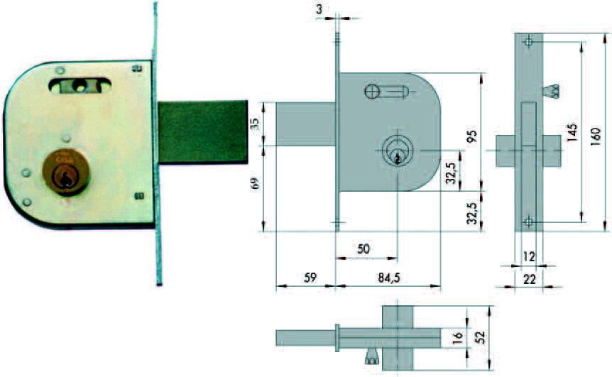 Serratura infilare per cancelli catenaccio e scrocco con nottol. 42030 - mm.50 dx/sx reversibile (42030500) CISA
