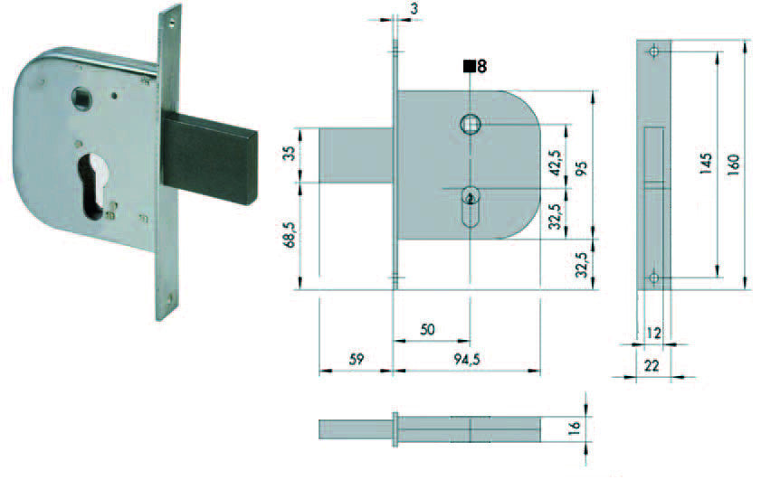 Serratura infilare per cancelli con quadro catenaccio e scrocco 42312 - mm.50 (42312500) CISA