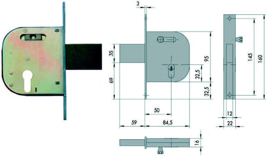 Serratura infilare per cancelli catenaccio e scrocco con nottol. 42032 - mm.50 dx-sx (42032500) CISA